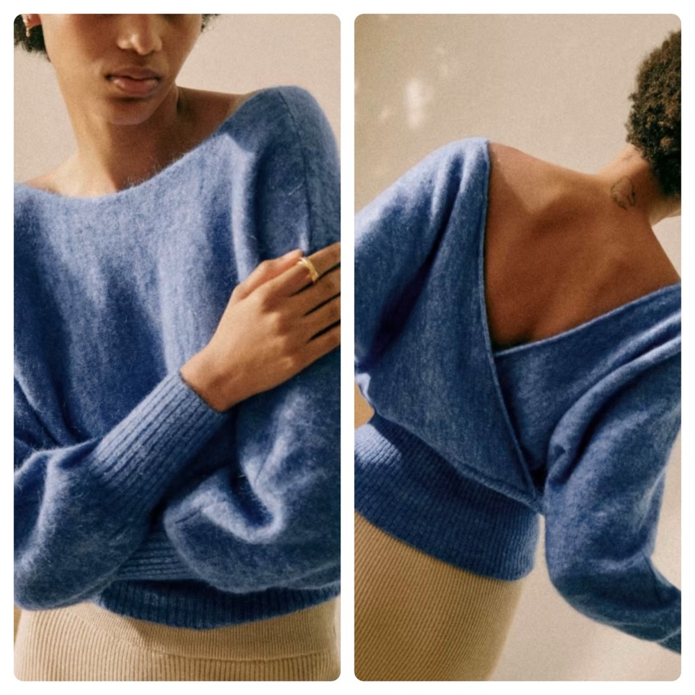 Sezane Blue Fuzzy Off-Shoulder Sweater
